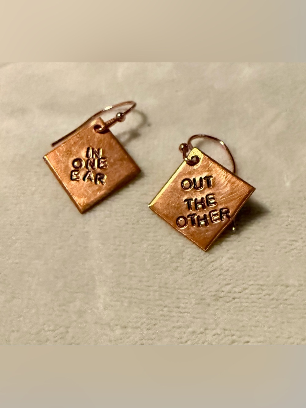 Copper Square Dangle Earrings with Stamped Saying
